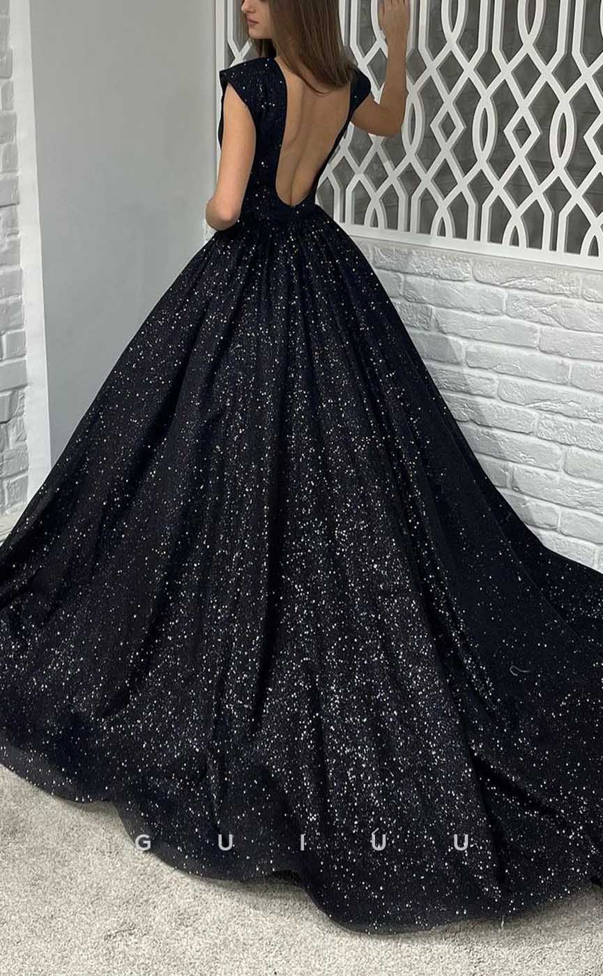 G4381 - Sexy & Hot A-Line Plunging V-Neck Sparkly and Draped Evening Prom Dress with Cap Sleeves