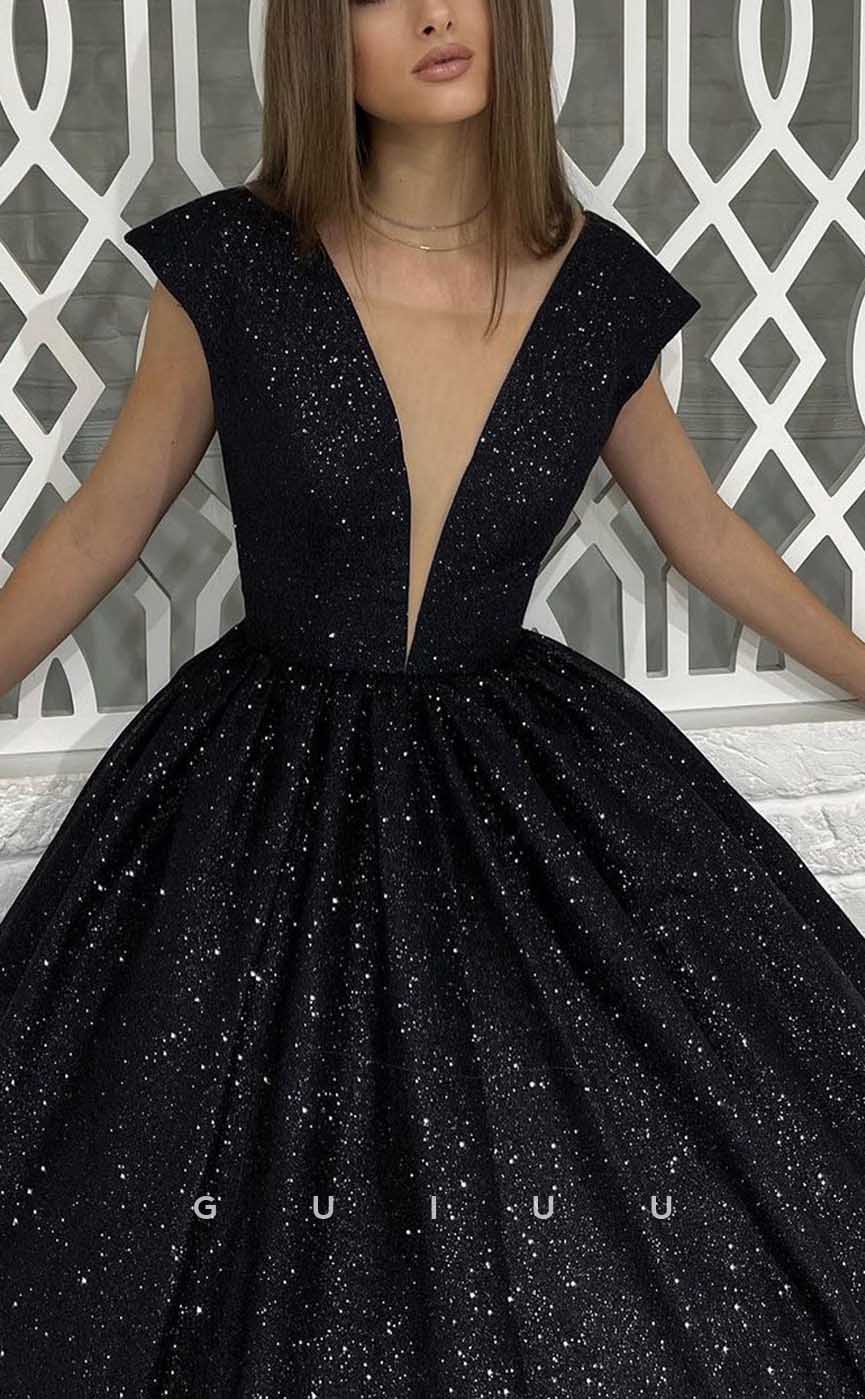 G4381 - Sexy & Hot A-Line Plunging V-Neck Sparkly and Draped Evening Prom Dress with Cap Sleeves