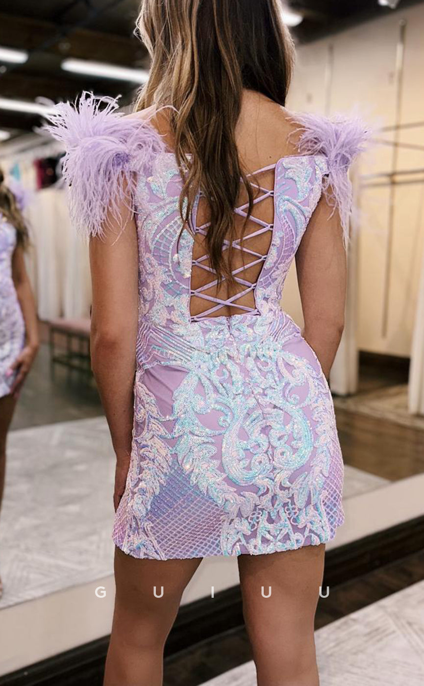 GH507 - Sheath Lace Sequins Feathers Off-Shoulder Dress With Side Slit Lace-Up Back V-Neck Homecoming Dress