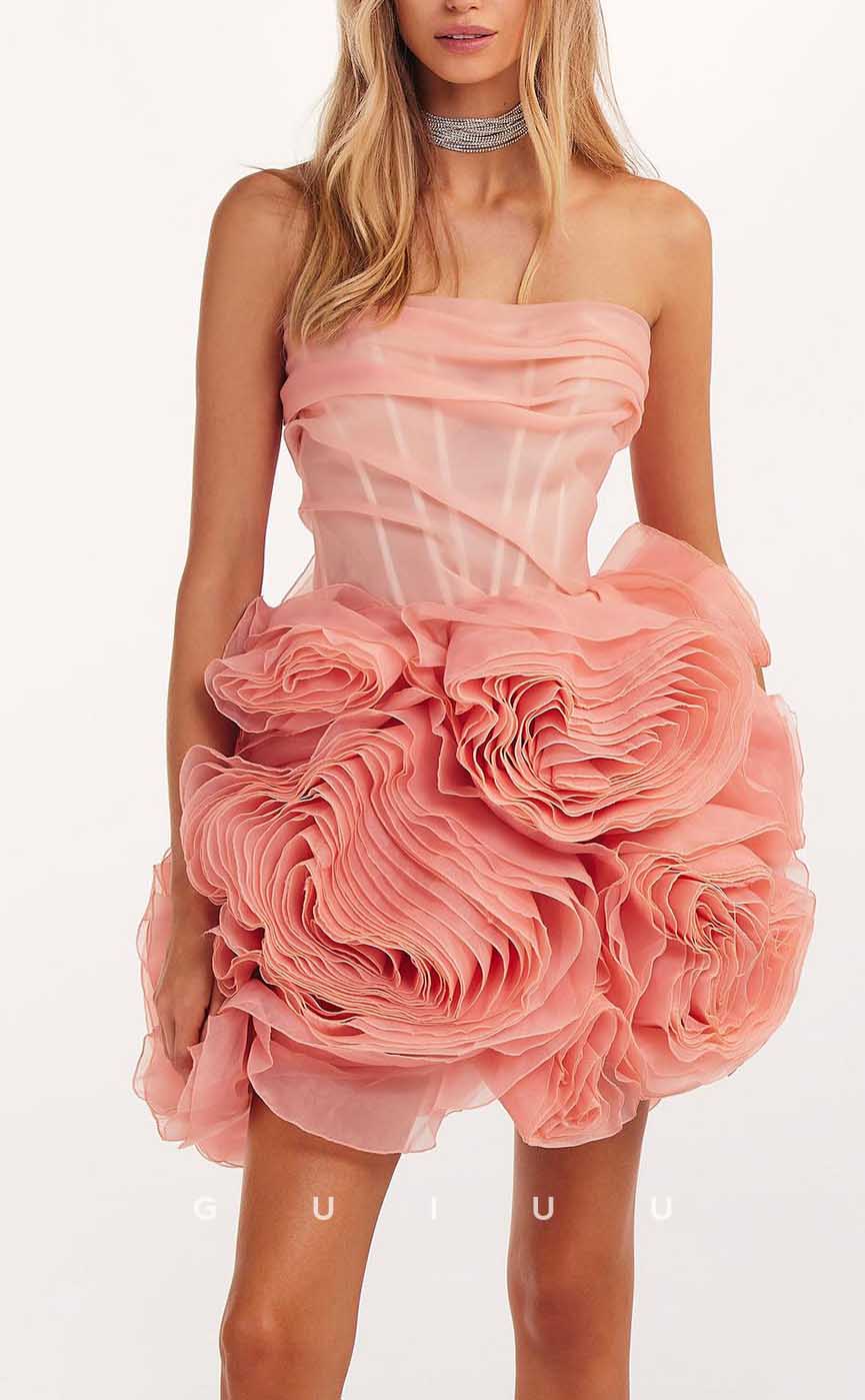 GH535 - Fashion Ball Gown Strapless Pleats Floral Embossed Lace-Up Sheer Homecoming Dress