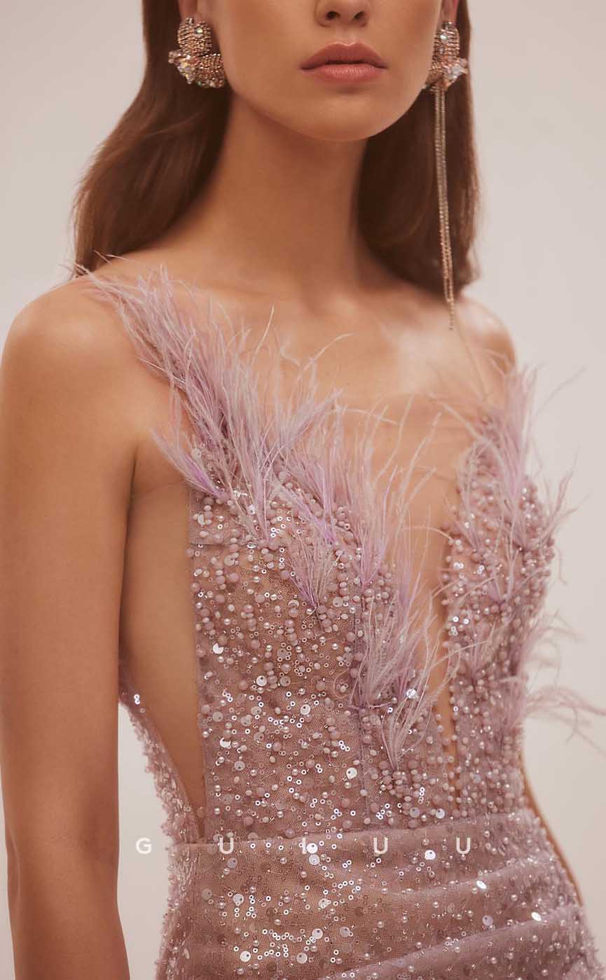 GH536 - Sheath/Column V-Neck Pleats Spaghetti Straps Fully Beaded With Feather Cocktail Party Dress