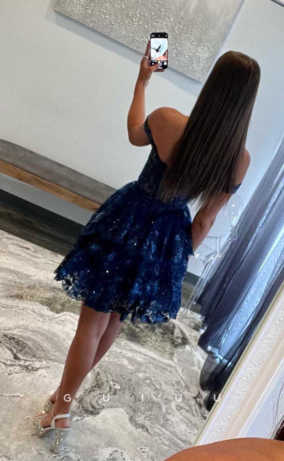 GH542 - A-Line Ball Gown Off-Shoulder Lace Applique Sequins Royal Blue Homecoming Dress