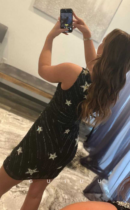 GH548 - Sexy Sheath One Shoulder Sequins Rhinestone Beaded Stars Zipper-Up Homecoming Dress