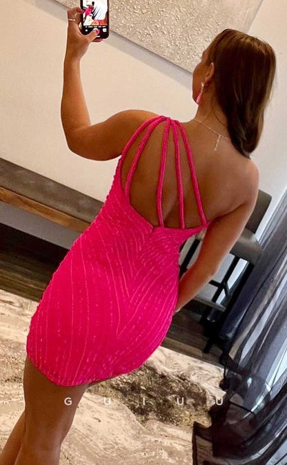 GH551 - Sexy Sheath/Column One-Shoulder Sequins Open Back Homecoming Dress With Side Slit