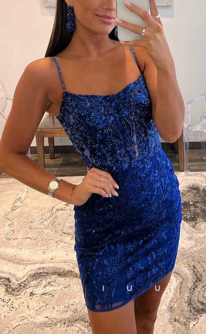 GH553 - Sexy Sheath/Column Lace-Up Open Back Bateau Short Blue Homecoming Dress