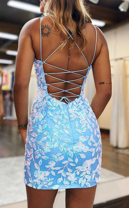 GH556 - Sexy Sheath Plunging Illusion Spaghetti Straps Appliques Dress Lcae-Up Homecoming Dress