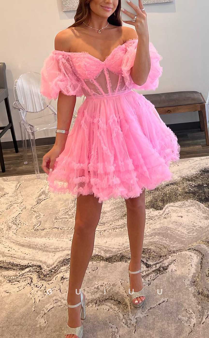 GH565 - Sexy Ball Gown Sheer Puff Sleeves Gown Sweetheart Pink Homecoming Dress