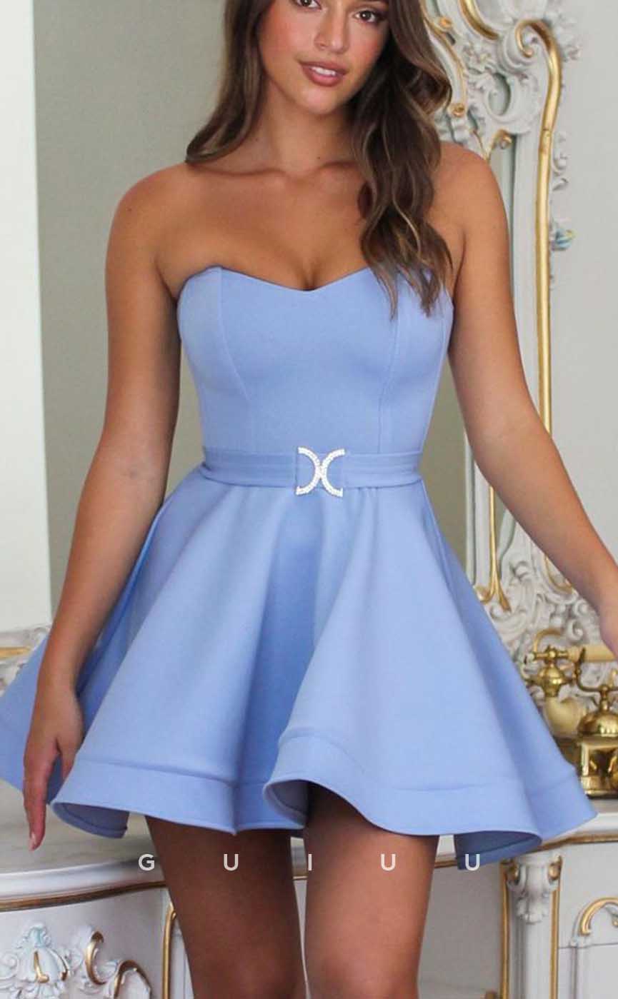 GH566 - Sexy A-Line Sweetheart Strapless Open Back Trumpet Gown Belt Homecoming Dress