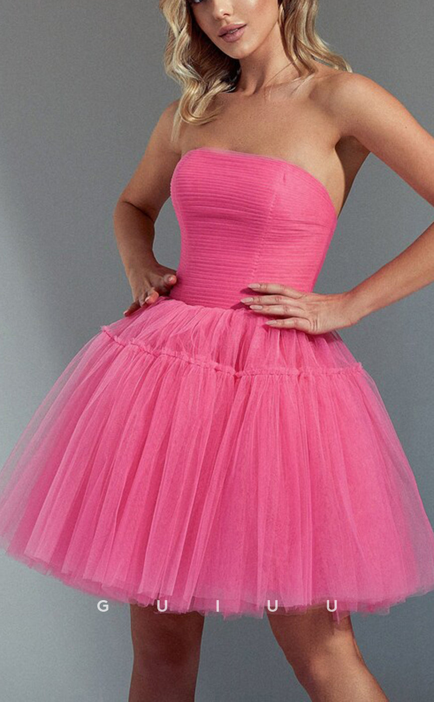 GH570 - A-Line Tulle Ball Gown Strapless Open Back Pink Lace-Up Homecoming Dress