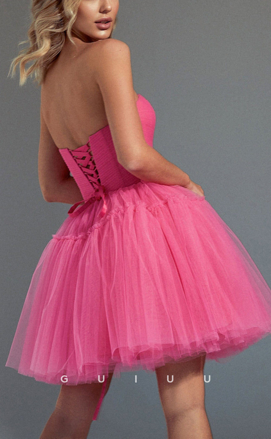 GH570 - A-Line Tulle Ball Gown Strapless Open Back Pink Lace-Up Homecoming Dress