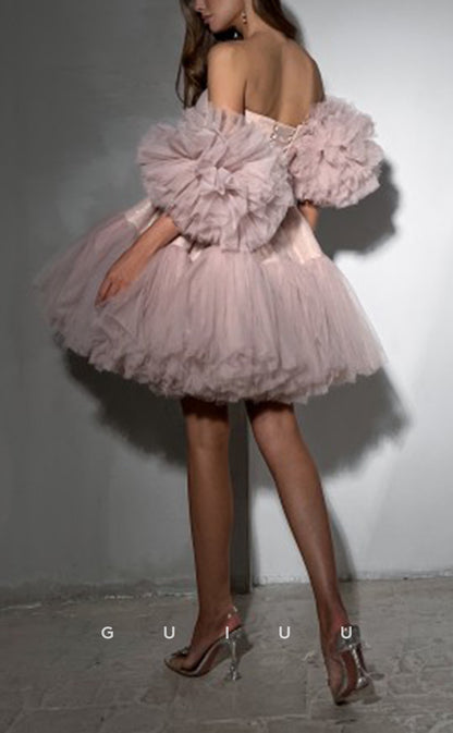 GH573 - Sexy Sheath Ball Gown Strapless Puff Sleeves Gown Lace-Up Open Back Homecoming Dress