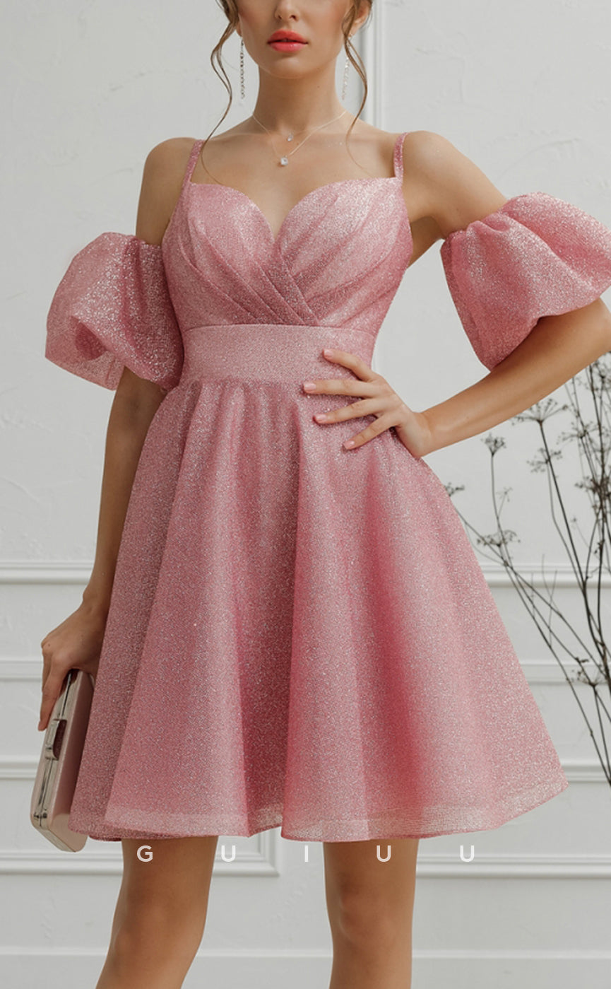 GH576 -  Sexy A-Line Sparkle Spaghetti Straps Puff Sleeves Lace-Up Open Back Homecoming Dress