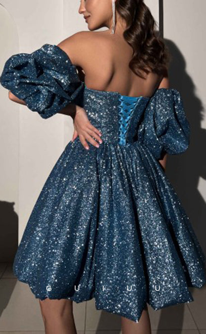 GH579 - Sexy & Hot A-Line Sweetheart Ball Gown Puff Sleeves Lace-Up Homecoming Party Dress