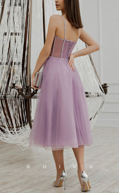 GH582 - Sexy Spaghetti Straps Sweetheart Sheer Ballgown Tulle Beaded Homecoming Dress