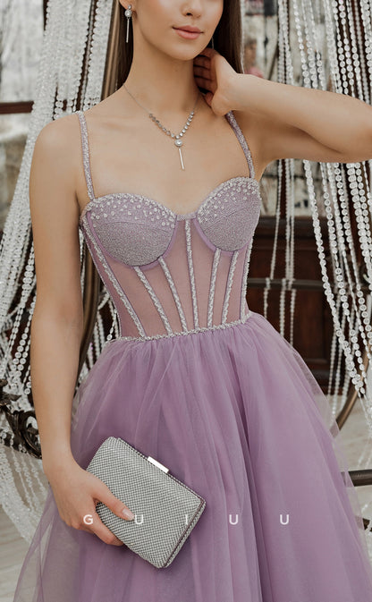 GH582 - Sexy Spaghetti Straps Sweetheart Sheer Ballgown Tulle Beaded Homecoming Dress