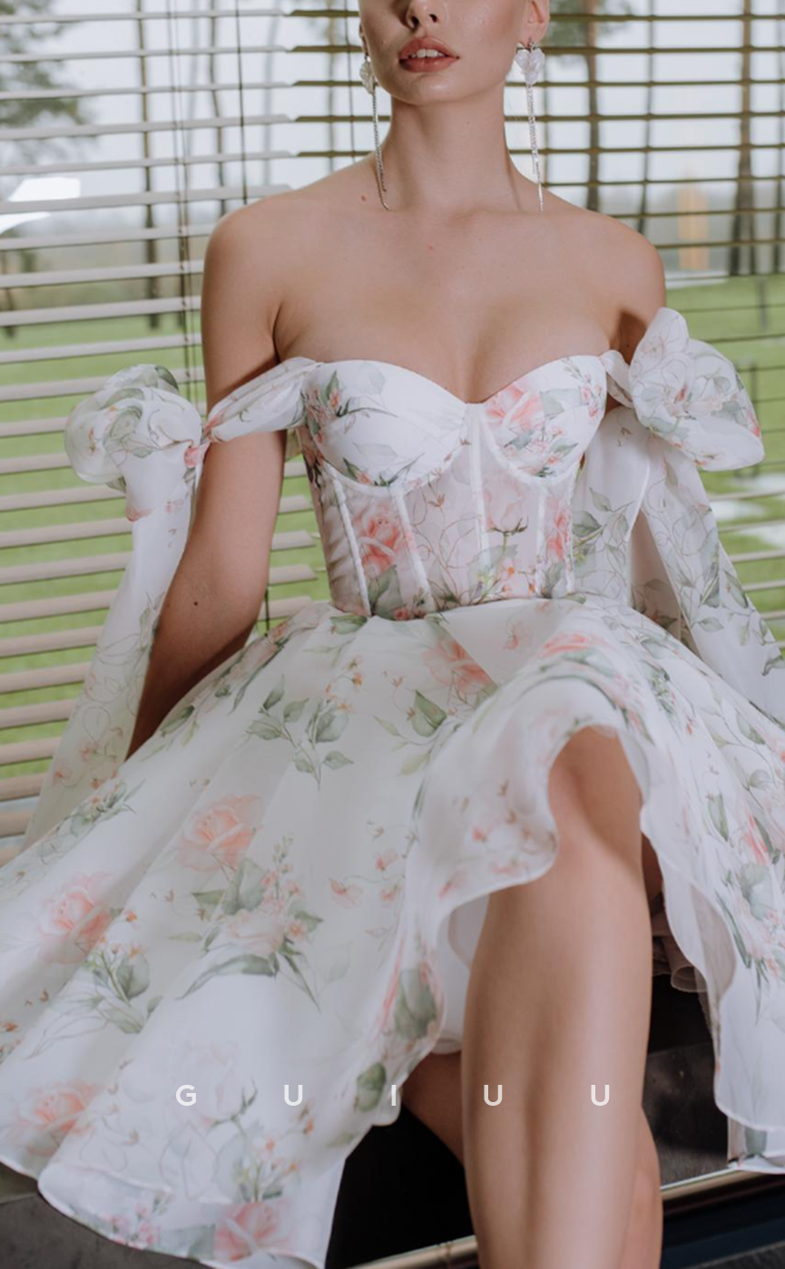 GH583 - Chic & Modern Bowknot Off-Shoulder Printed  A-Line Ball Gown Sheer Homecoming Dress