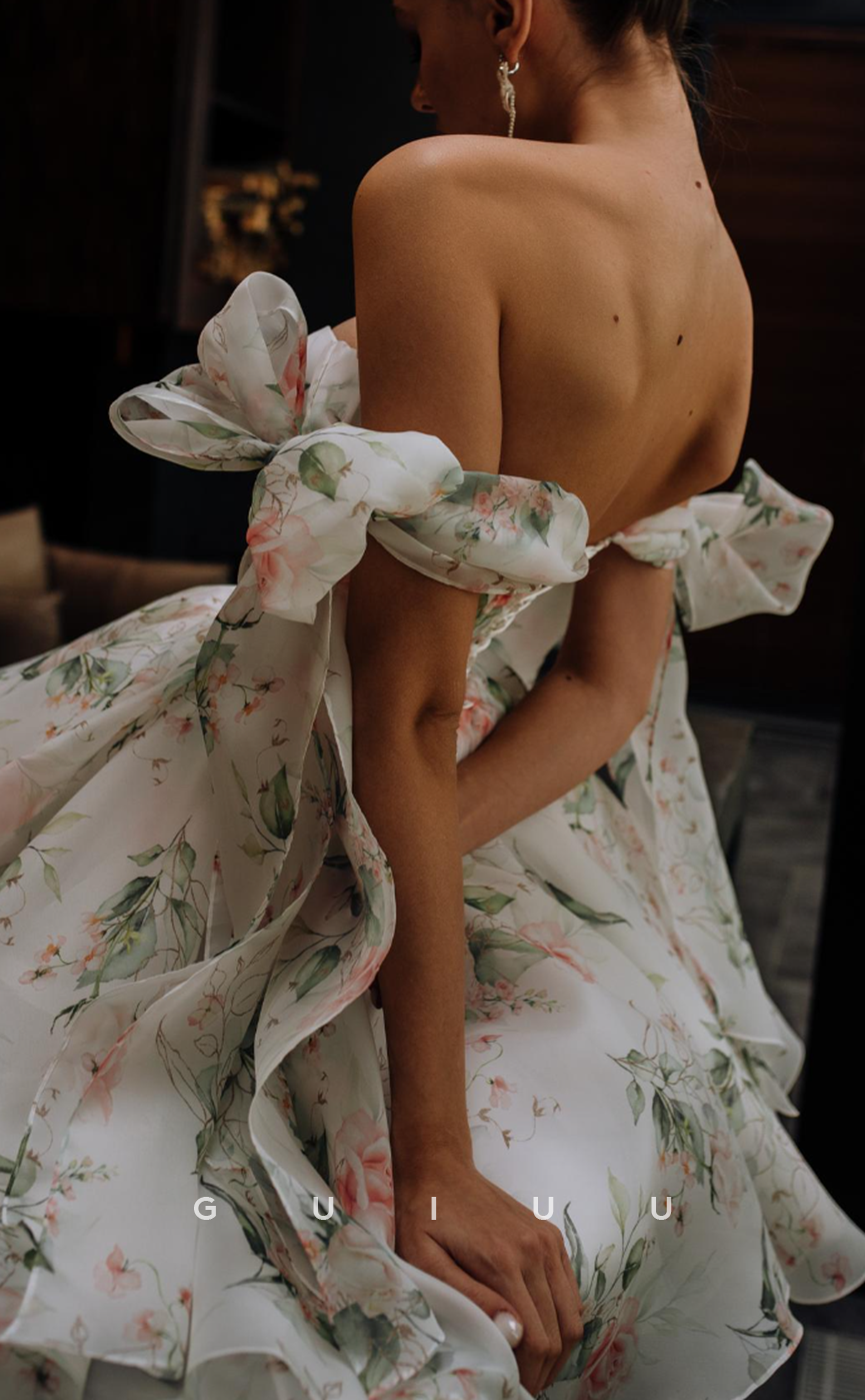 GH583 - Chic & Modern Bowknot Off-Shoulder Printed  A-Line Ball Gown Sheer Homecoming Dress