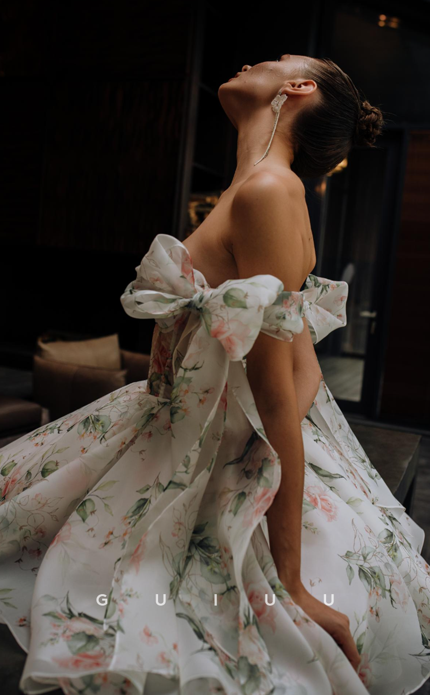 GH583 - Chic & Modern Bowknot Off-Shoulder Printed  A-Line Ball Gown Sheer Homecoming Dress