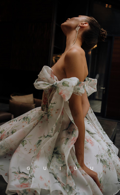 GH583 - Chic & Modern Bowknot Off-Shoulder Printed  A-Line Ball Gown Sheer Homecoming Dress