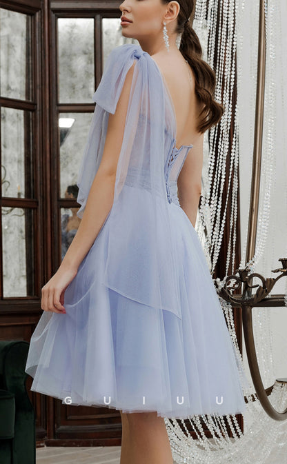 GH586 - Chic & Modern Sheer Tulle Sweetheart One-Shoulder Bowknot Lace-Up Homecoming Dress