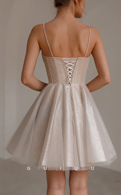 GH590 - Sexy & Hot V-Neck Sparkle Spaghetti Straps Lace-Up Short Homecoming Dress