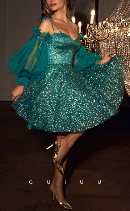 GH591 - Sexy & Hot A-Line Sparkle Ball Gown Sweetheart Puff Sleeves Lace-Up Homecoming Dress