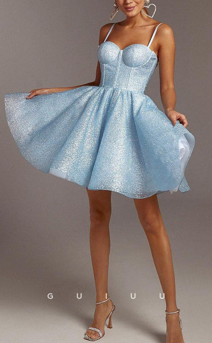 GH592 - Sexy A-Line Glitter Spaghetti Straps Sweetheart Short Open Back Homecoming Dress