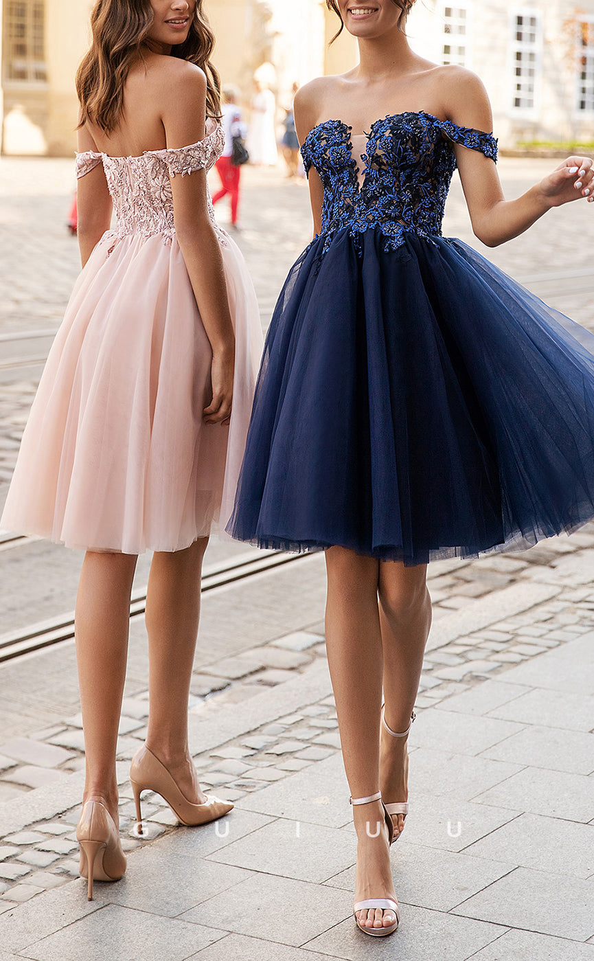 GH595 - Classic & Timeless Off-Shoulder Tulle Appliques Sheer Gown Homecoming Dress