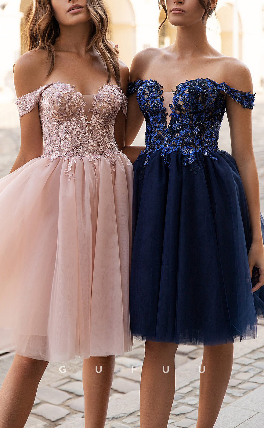 GH595 - Classic & Timeless Off-Shoulder Tulle Appliques Sheer Gown Homecoming Dress