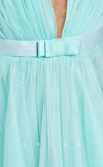 GH600 - Sexy & Hot Tulle A-Line Deep V-Neck Sleeveless Sheer Lace-Up Homecomng Dress