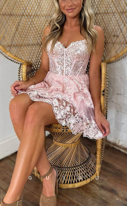 GH603 - Sexy & Hot A-Line Lace Applique Spaghetti Straps Open Back Homecoming Dress