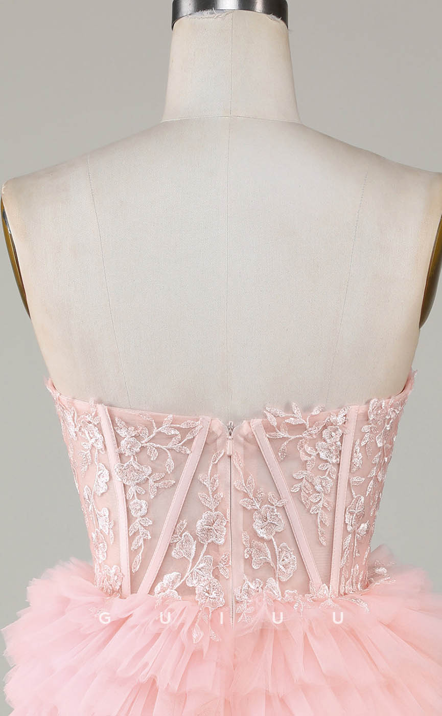 GH605 - Sexy & Hot Strapless Ball Gown Sheer Appliques Tiered Open Back Homecoming Dress