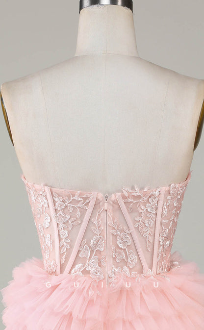 GH605 - Sexy & Hot Strapless Ball Gown Sheer Appliques Tiered Open Back Homecoming Dress