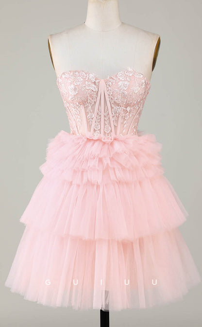 GH605 - Sexy & Hot Strapless Ball Gown Sheer Appliques Tiered Open Back Homecoming Dress