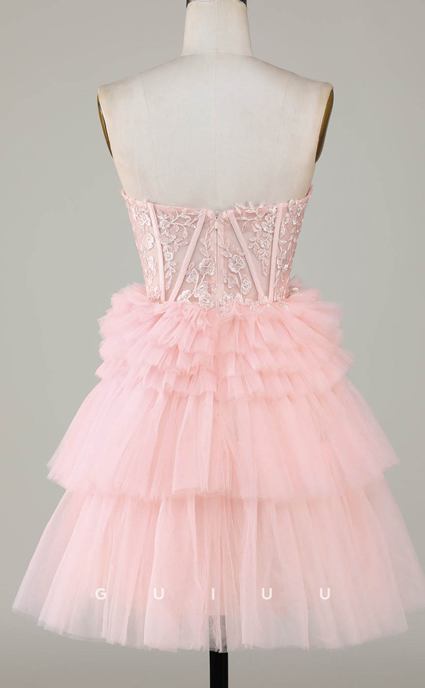 GH605 - Sexy & Hot Strapless Ball Gown Sheer Appliques Tiered Open Back Homecoming Dress