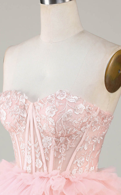 GH605 - Sexy & Hot Strapless Ball Gown Sheer Appliques Tiered Open Back Homecoming Dress