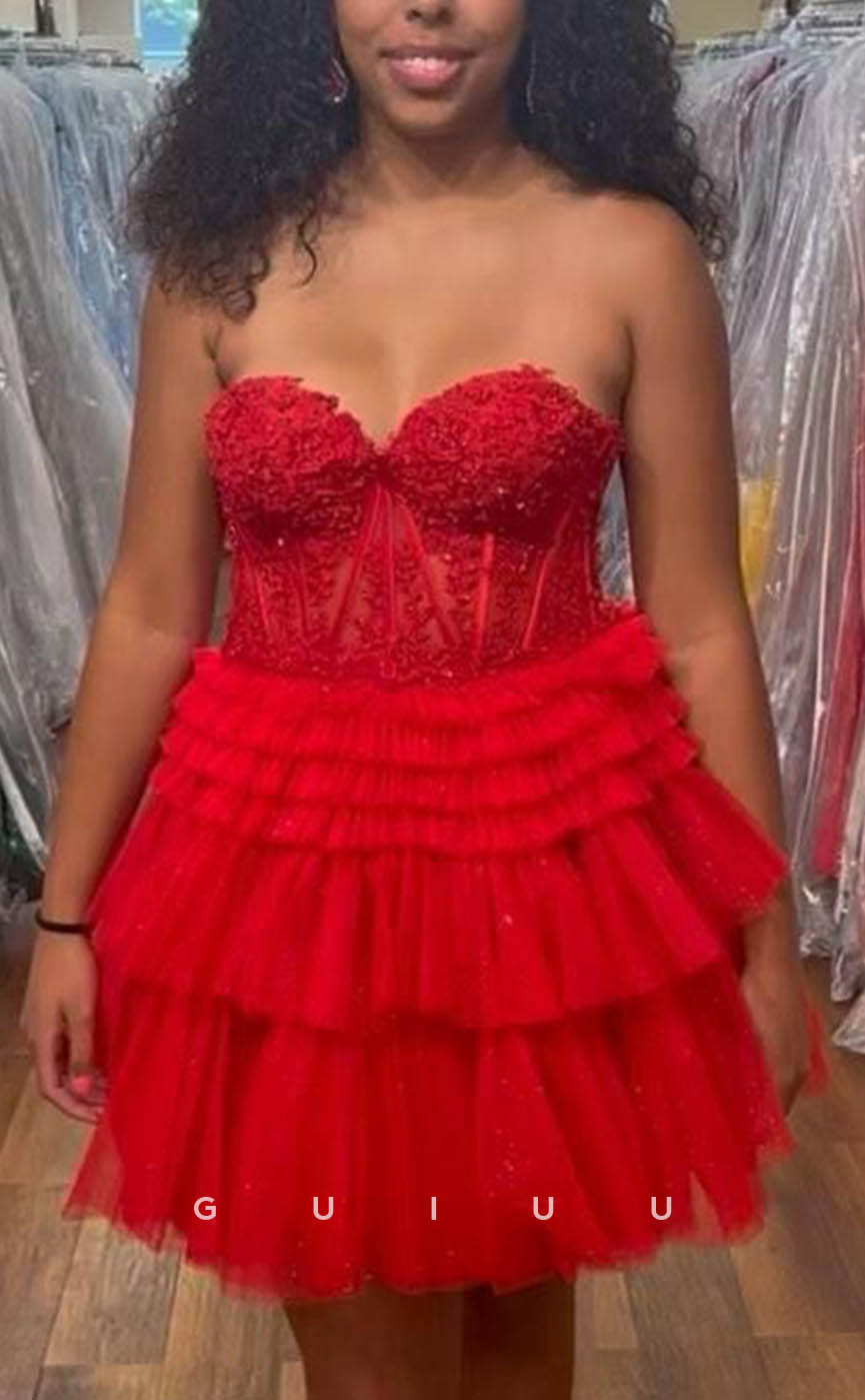 GH605 - Sexy & Hot Strapless Ball Gown Sheer Appliques Tiered Open Back Homecoming Dress