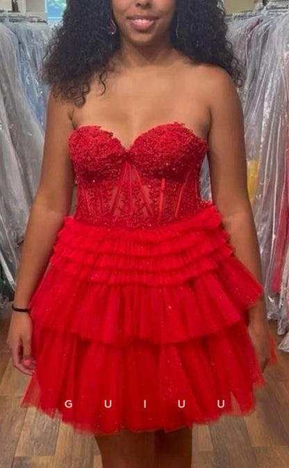 GH605 - Sexy & Hot Strapless Ball Gown Sheer Appliques Tiered Open Back Homecoming Dress