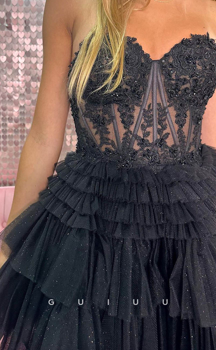 GH605 - Sexy & Hot Strapless Ball Gown Sheer Appliques Tiered Open Back Homecoming Dress