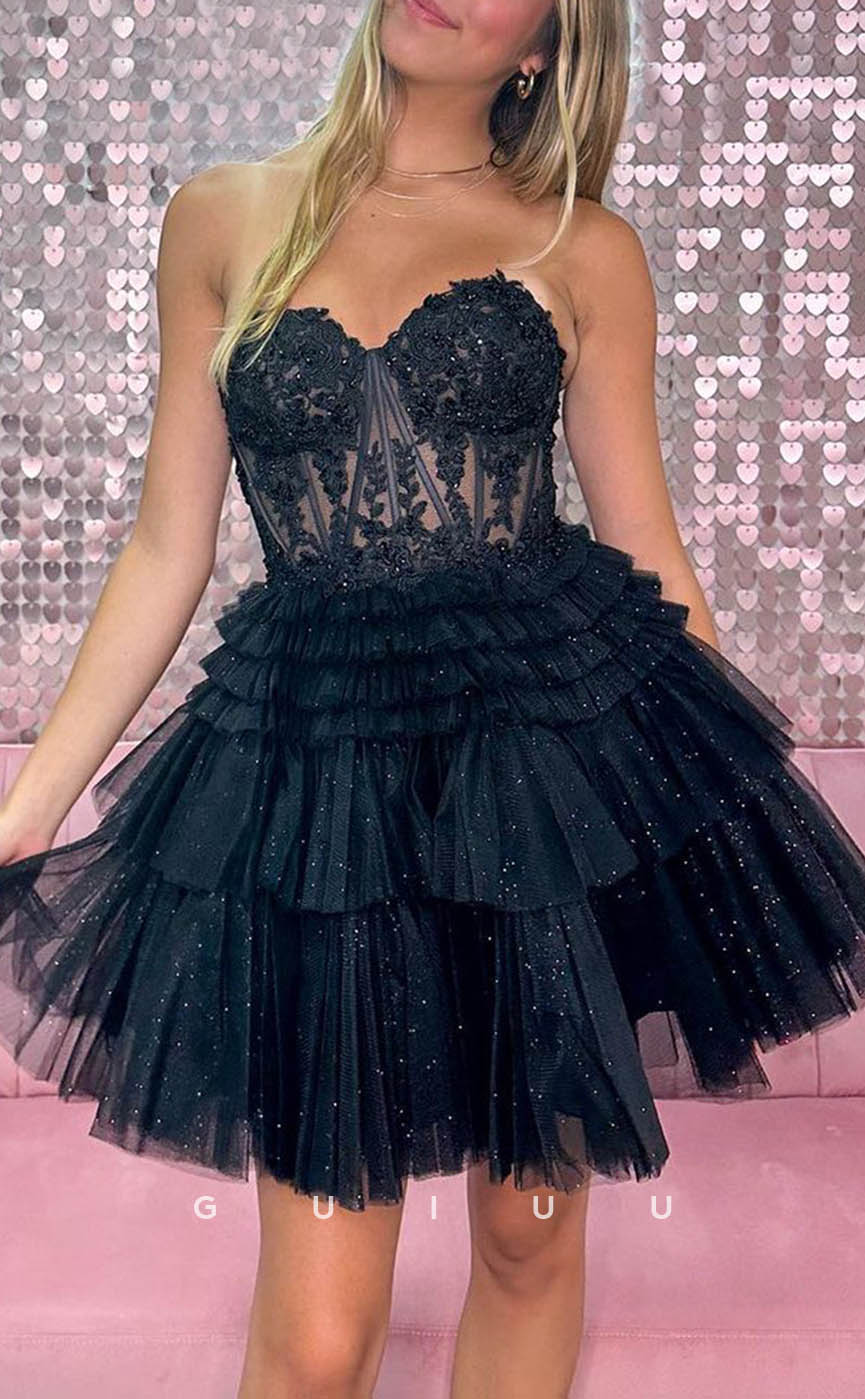 GH605 - Sexy & Hot Strapless Ball Gown Sheer Appliques Tiered Open Back Homecoming Dress