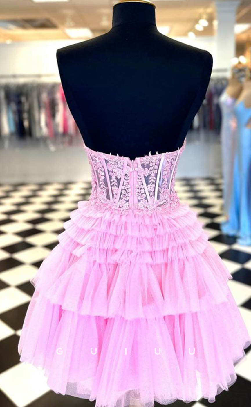 GH605 - Sexy & Hot Strapless Ball Gown Sheer Appliques Tiered Open Back Homecoming Dress