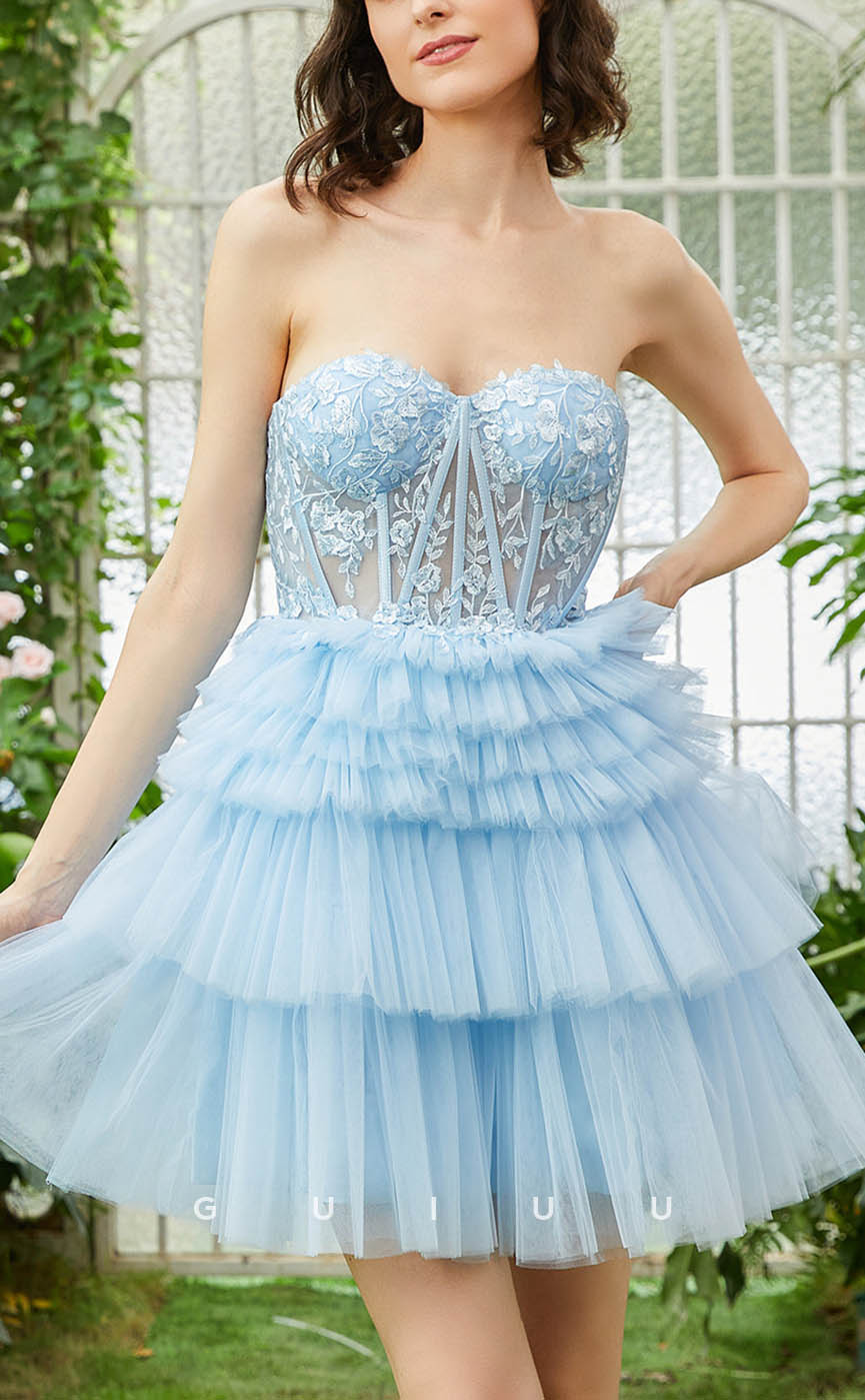 GH605 - Sexy & Hot Strapless Ball Gown Sheer Appliques Tiered Open Back Homecoming Dress