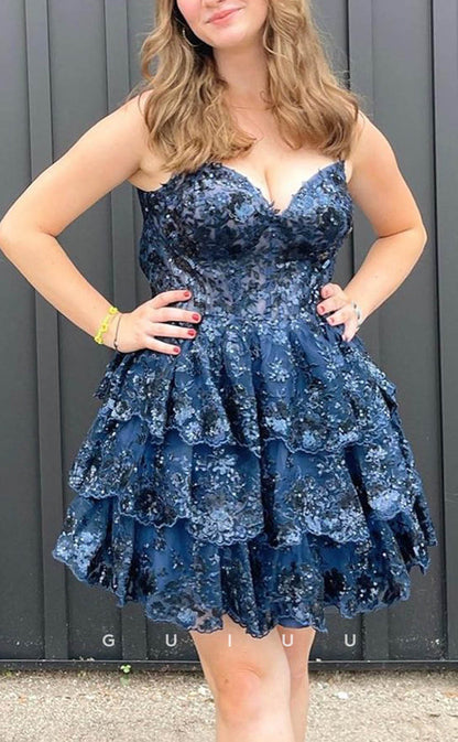 GH607 - Chic & Modern Spaghetti Straps Lace Appliques Sheer Ball Gown Open Back Homecoming Dress