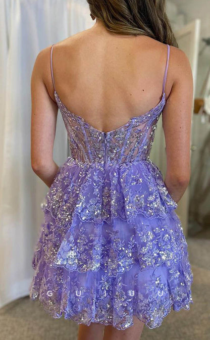 GH607 - Chic & Modern Spaghetti Straps Lace Appliques Sheer Ball Gown Open Back Homecoming Dress