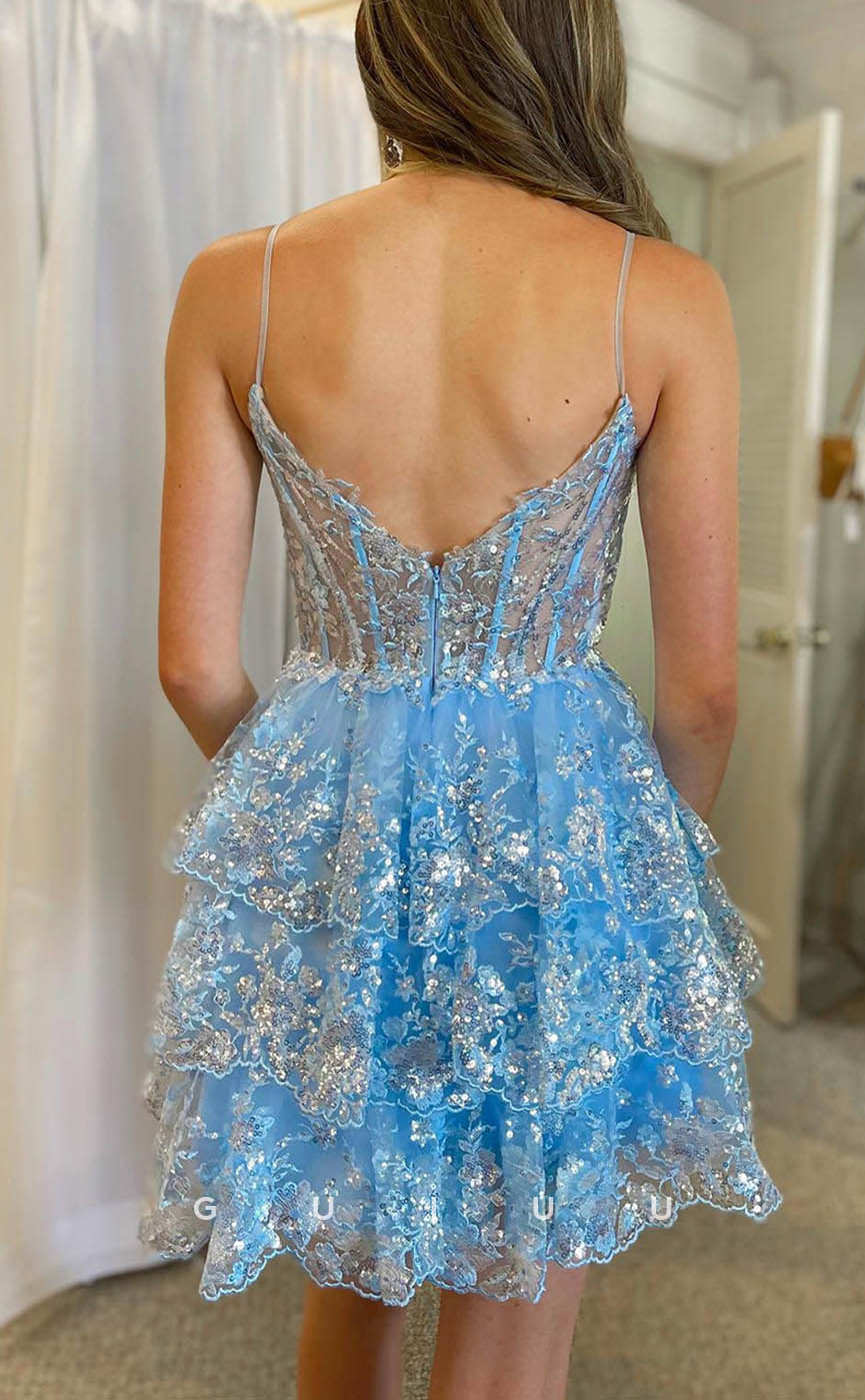 GH607 - Chic & Modern Spaghetti Straps Lace Appliques Sheer Ball Gown Open Back Homecoming Dress