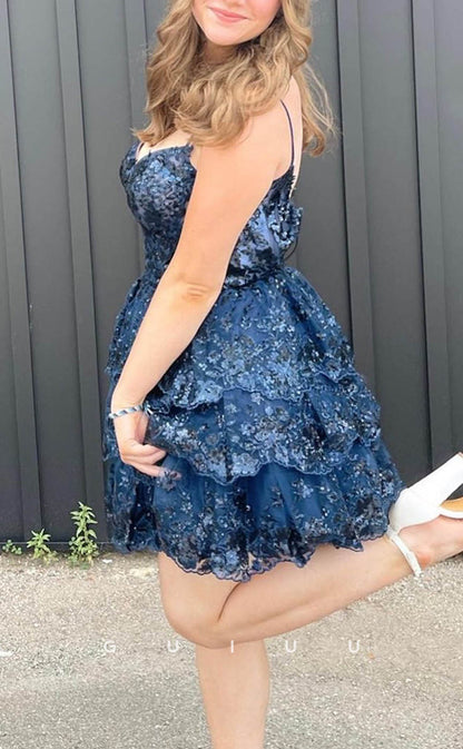 GH607 - Chic & Modern Spaghetti Straps Lace Appliques Sheer Ball Gown Open Back Homecoming Dress