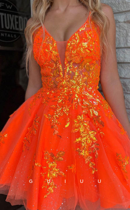 GH608 - Sexy Hot Tulle Spaghetti Straps Ball Gown Deep V-Neck Appliques Homecoming Dress