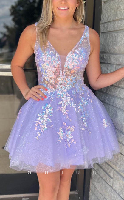 GH608 - Sexy Hot Tulle Spaghetti Straps Ball Gown Deep V-Neck Appliques Homecoming Dress