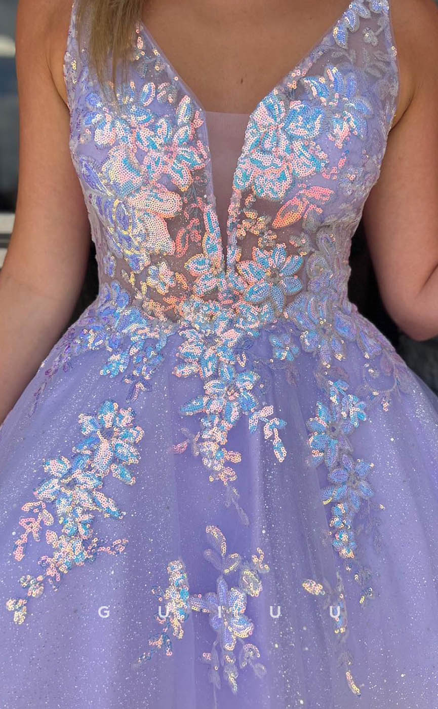 GH608 - Sexy Hot Tulle Spaghetti Straps Ball Gown Deep V-Neck Appliques Homecoming Dress
