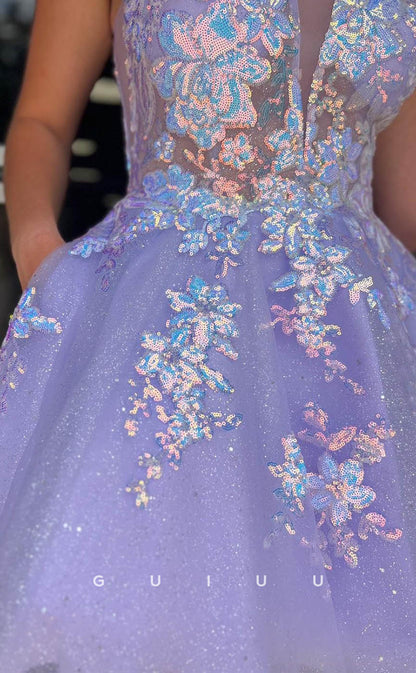 GH608 - Sexy Hot Tulle Spaghetti Straps Ball Gown Deep V-Neck Appliques Homecoming Dress